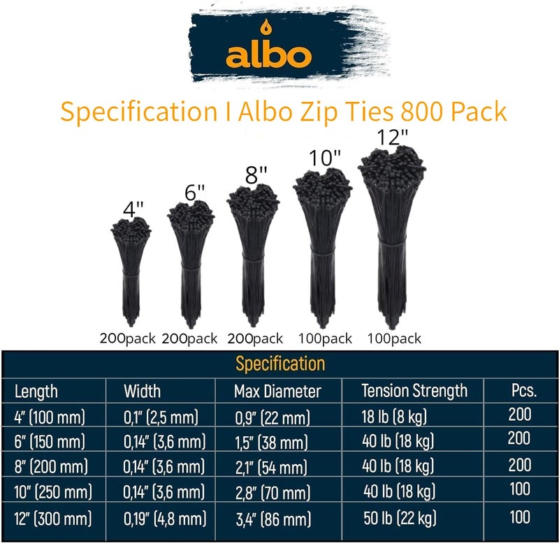 Albo Black Zip Ties Assorted Sizes 800 Pack 4+6+8+10+12 Inch Plastic Black Cable Ties Wire Tie Uv Resistant Nylon Tie Wraps Assorted Sizes - Image 2